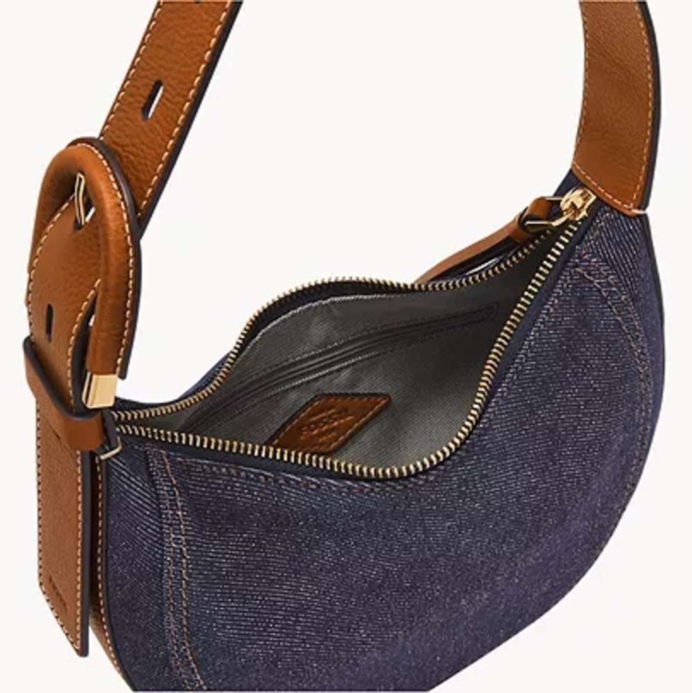 Fossil Blue and Tan Hobo Bag with Leather Trim